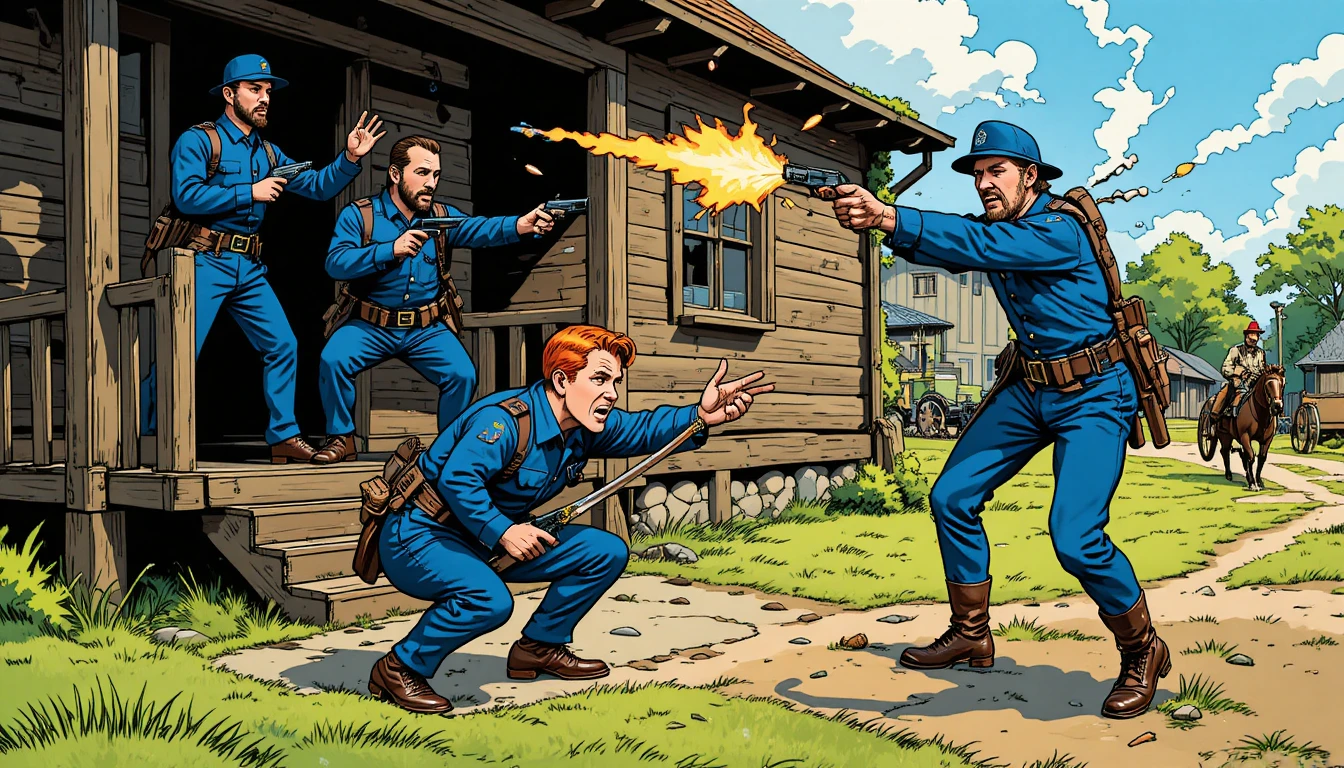Union soldiers in a chaotic comic gunfight scene