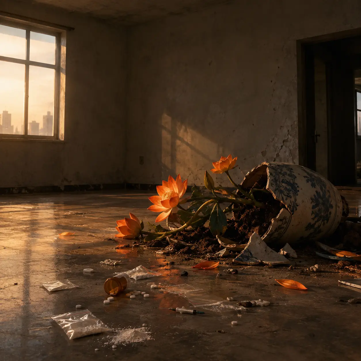 Empty room with cracked flower pot and scattered drugs