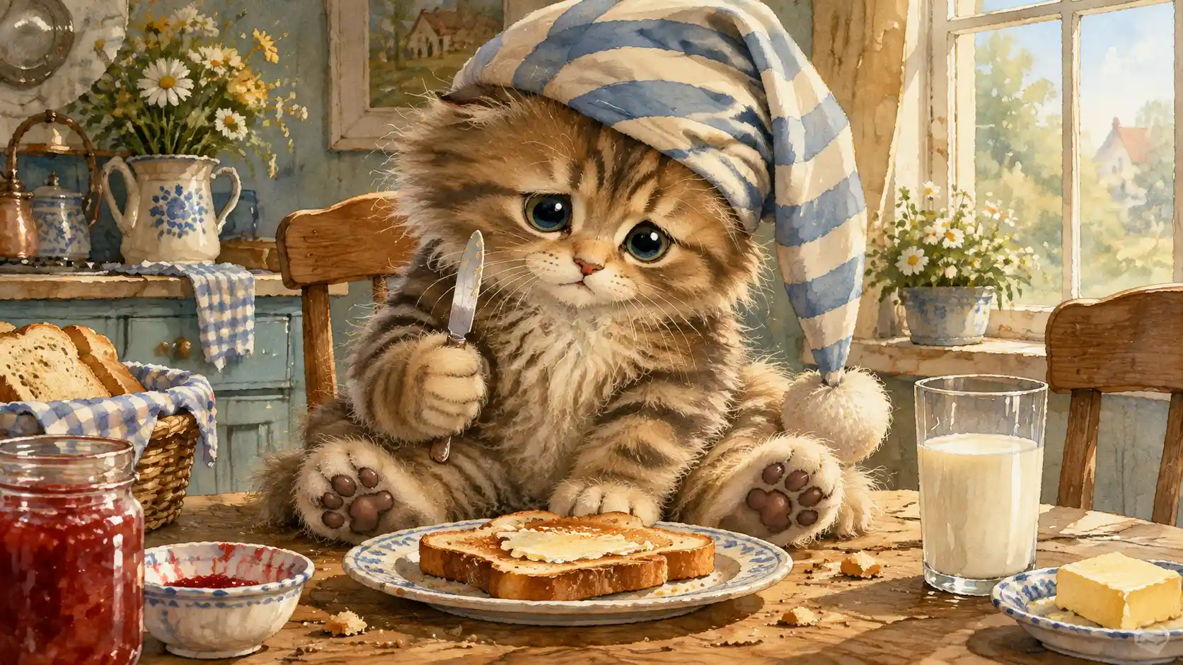 Chaton tout fluffy avec bonnet de nuit rayé déçu par le toast du petit-déjeuner