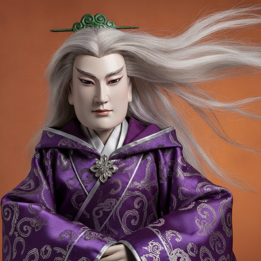 Cinematic close up of silver haired taiwanese glove puppet