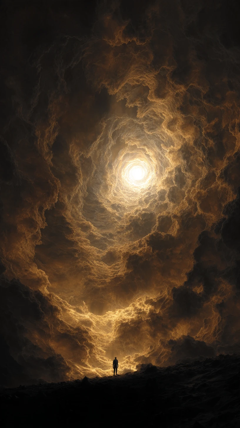 Lone figure beneath swirling cosmic darkness and golden light