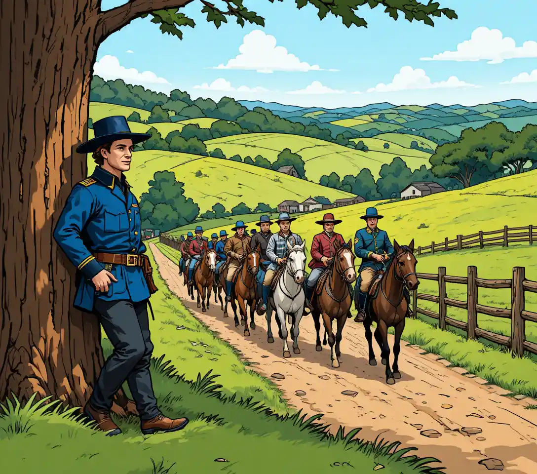 Union soldier watching riders on a rural dirt path