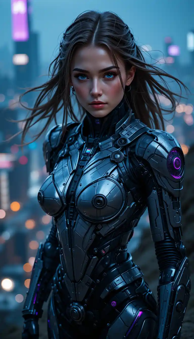 Guerriera cyborg cyberpunk su una scogliera sopra la città notturna