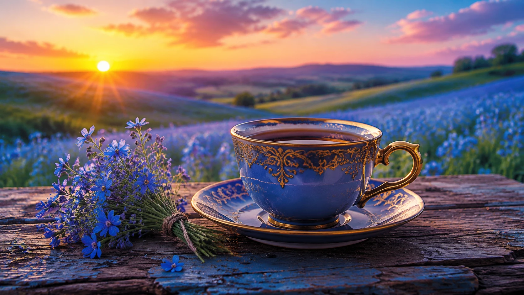 Blaue Kaffeetasse auf antikem Tisch bei friedlichem Sonnenuntergang