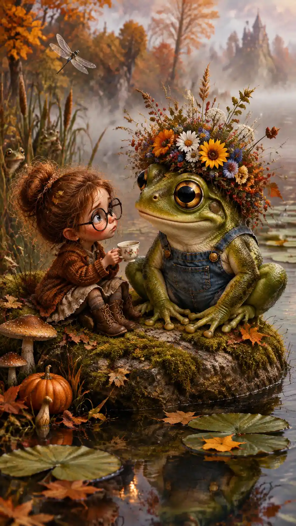 Mädchen teilt Tee mit riesigem Frosch auf moosigem Teichfelsen