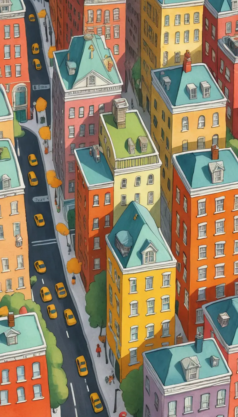 Whimsical aerial view of a cozy storybook New York town