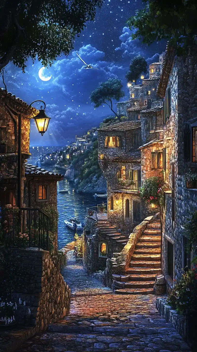 Fantasy glass artwork of mallorca on a lonely harbor street