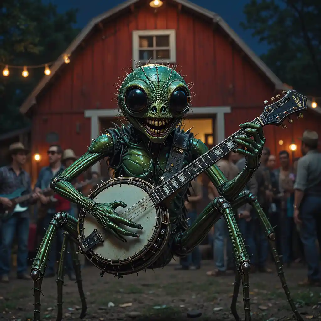 Green metallic spider playing banjo at a night barn party