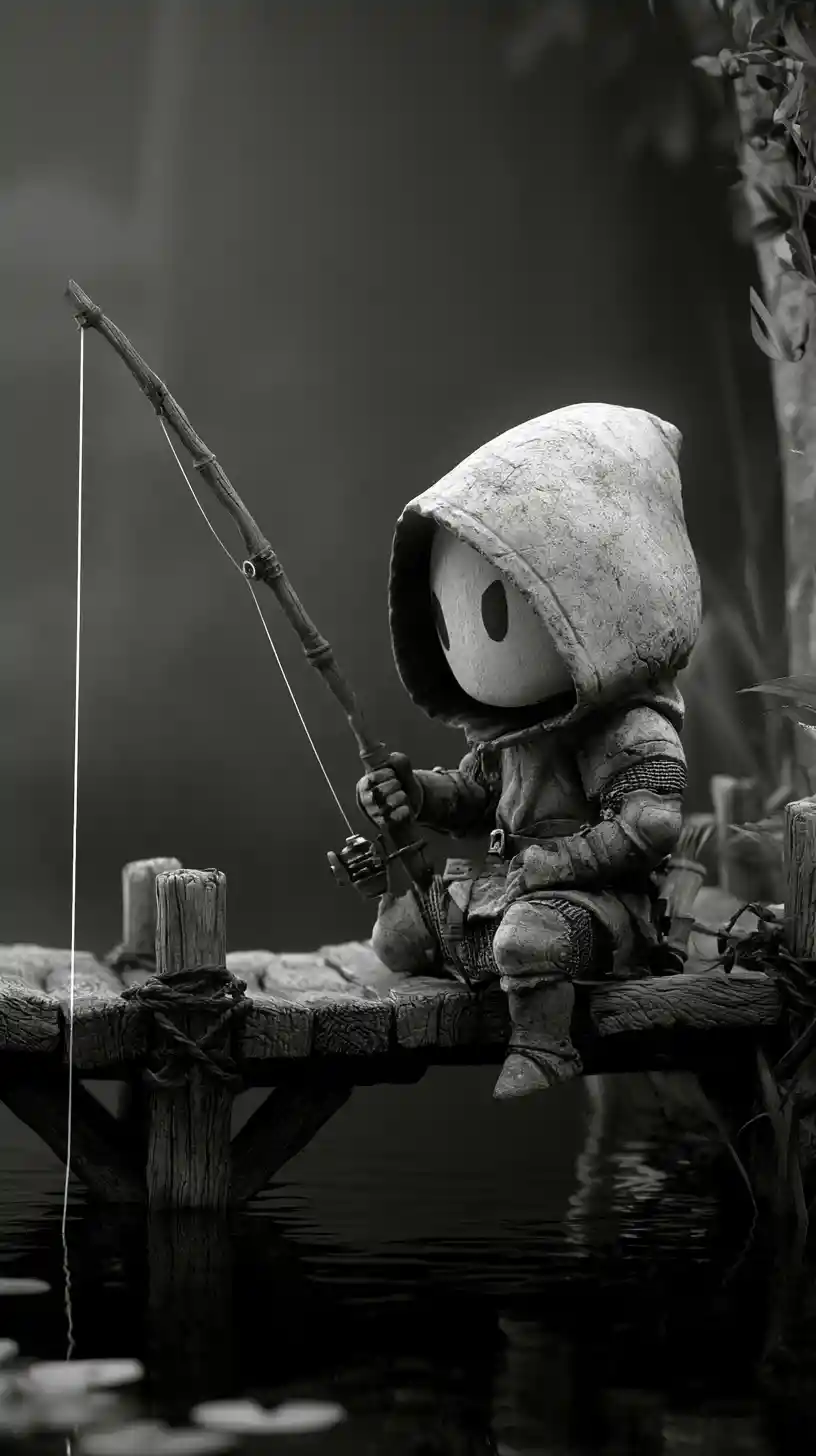 Pequeño guerrero medieval pescando desde un pequeño puente de madera