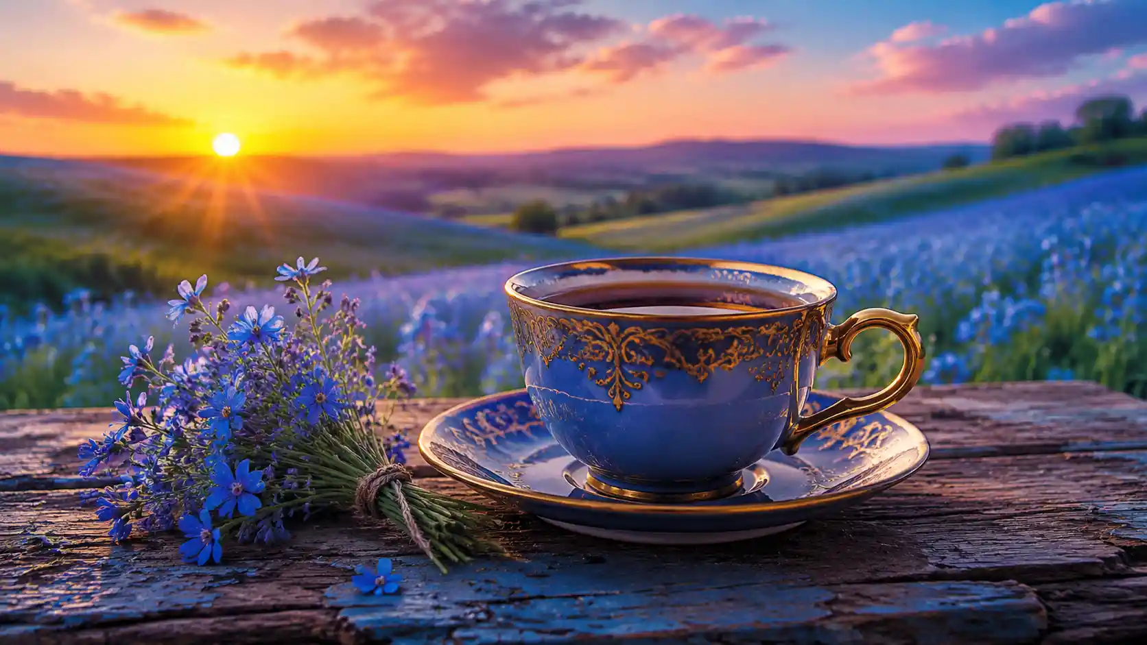 Blaue Kaffeetasse auf antikem Tisch bei friedlichem Sonnenuntergang