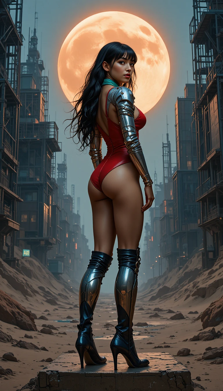 Donna mistica in costume rosso sotto una gigantesca luna nel deserto