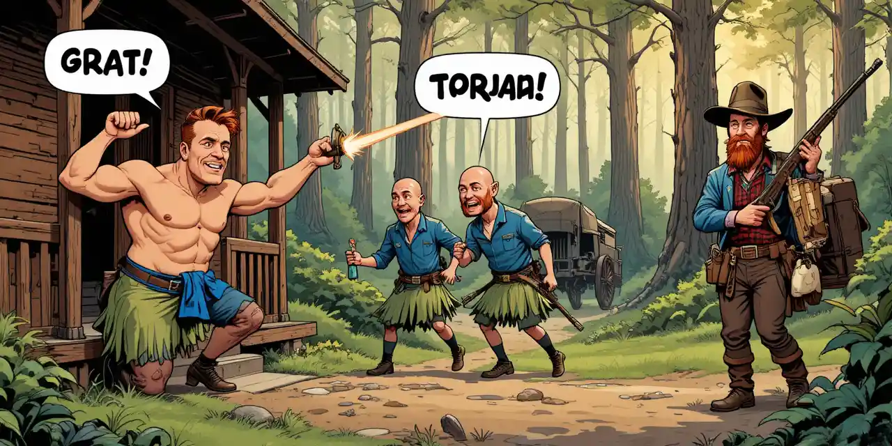 Union soldiers in a chaotic comic gunfight outside cabin