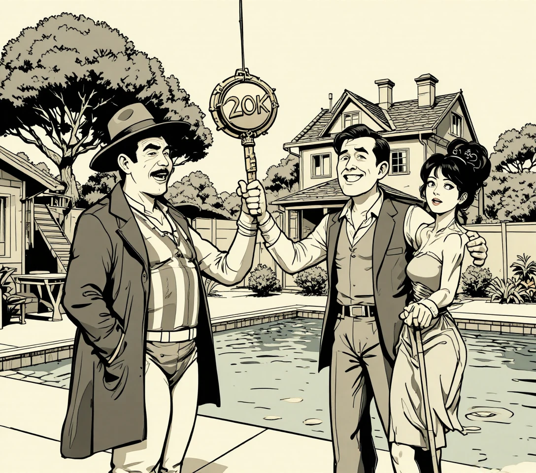 Hombres de cómic vintage en una piscina con un peso peligroso