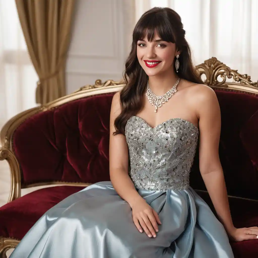 Elegante donna mediterranea in abito di raso sul divano