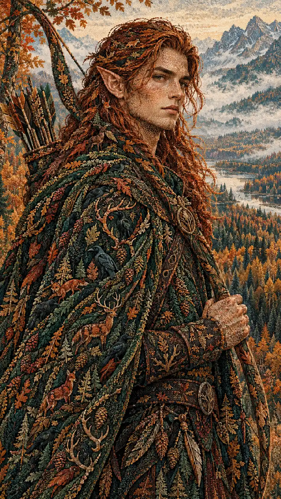 Forest elf archer portrait in symbolic autumn landscape