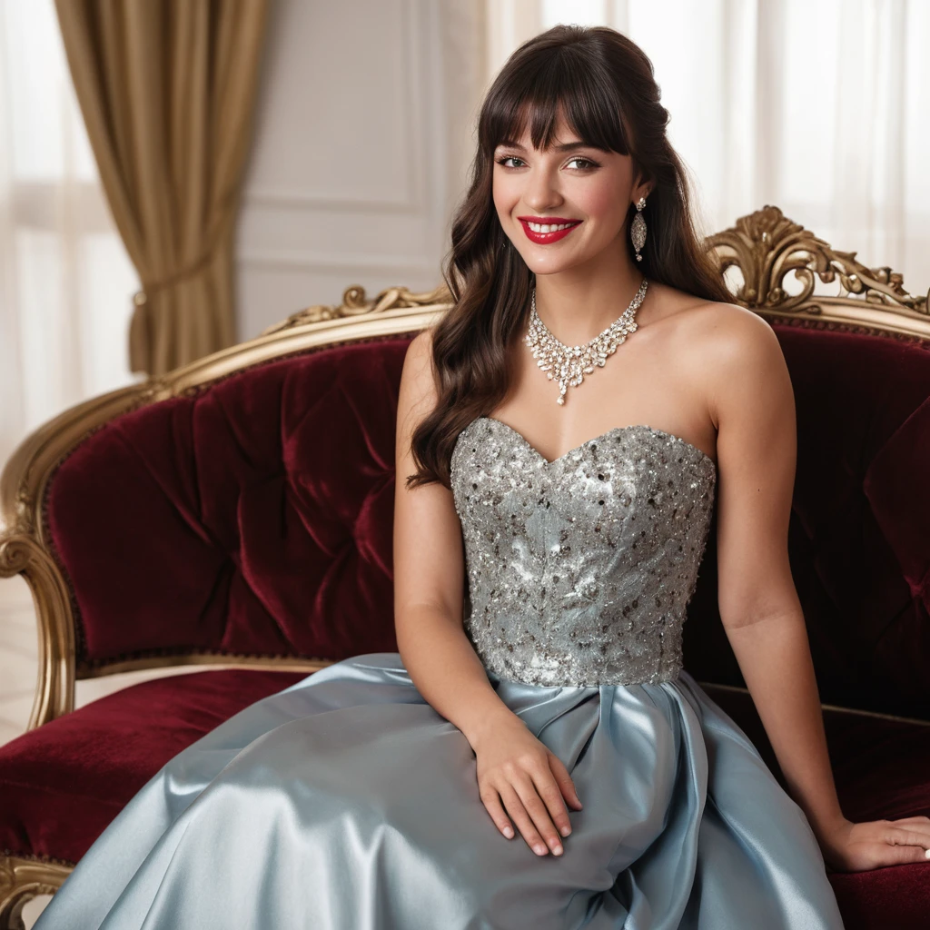 Elegante donna mediterranea in abito di raso sul divano