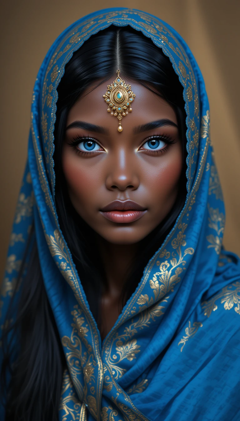 Portrait d’une jeune femme en hijab bleu avec des bijoux dorés