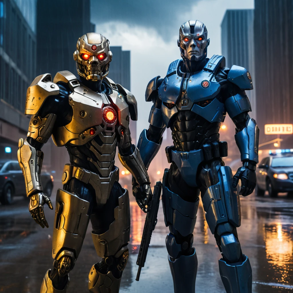 Cyborg warrior and armored cop in rainy dystopian streets