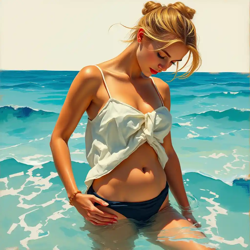 Joven mujer en mar turquesa en pintura al óleo impresionista