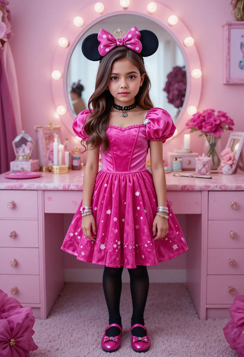 Garçon préadolescent en costume de princesse Minnie devant la coiffeuse de sa chambre