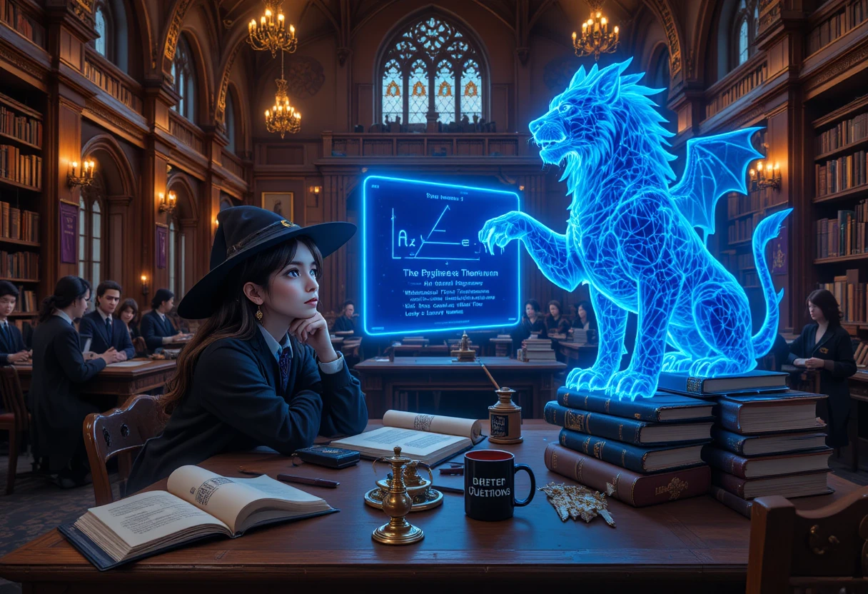 Young wizard student learning geometry with holographic lion