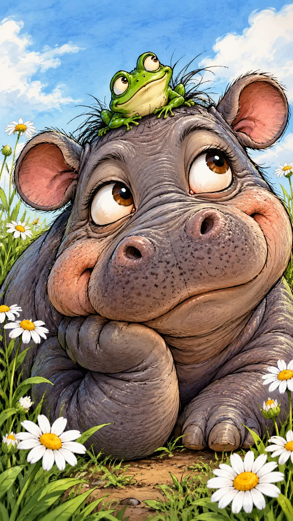 Whimsical Cartoon Hippo Resting Among Simple White Daisies