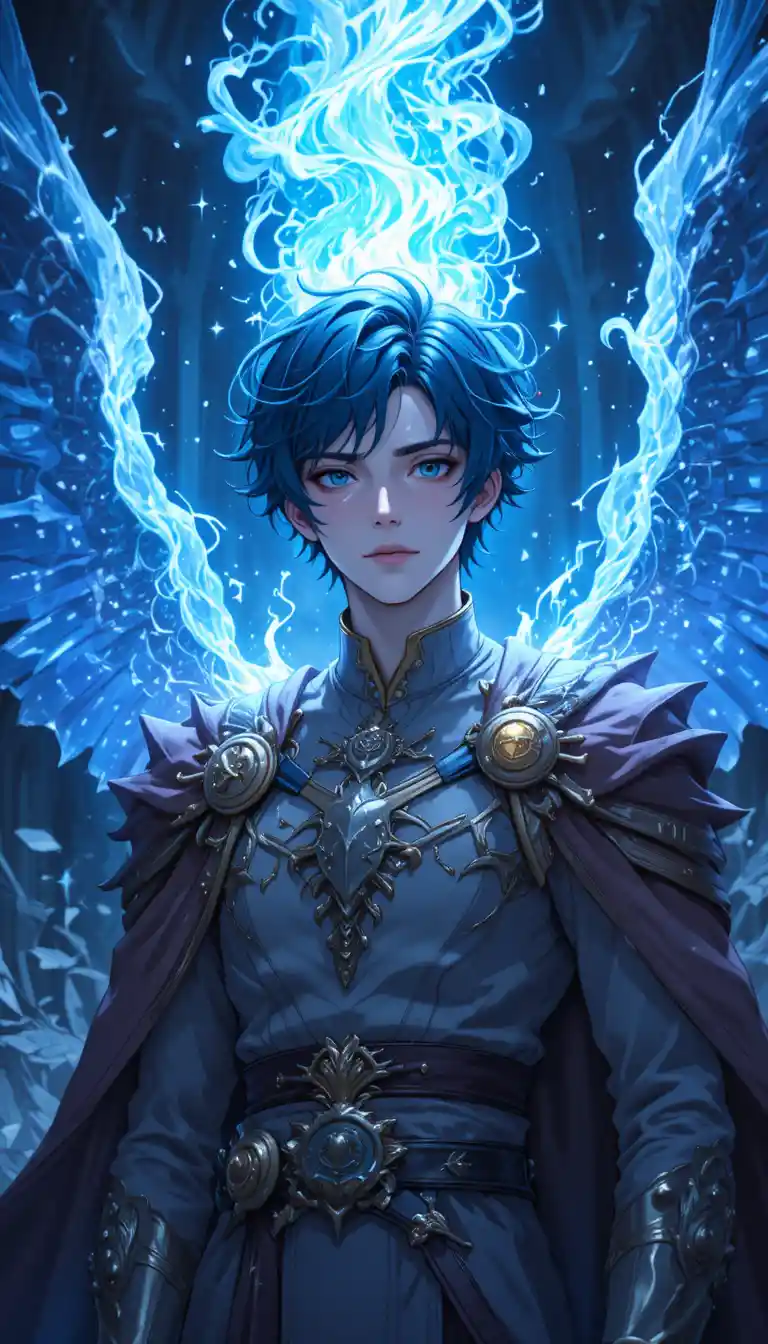 Young anime man with fiery phoenix powers in fantasy world