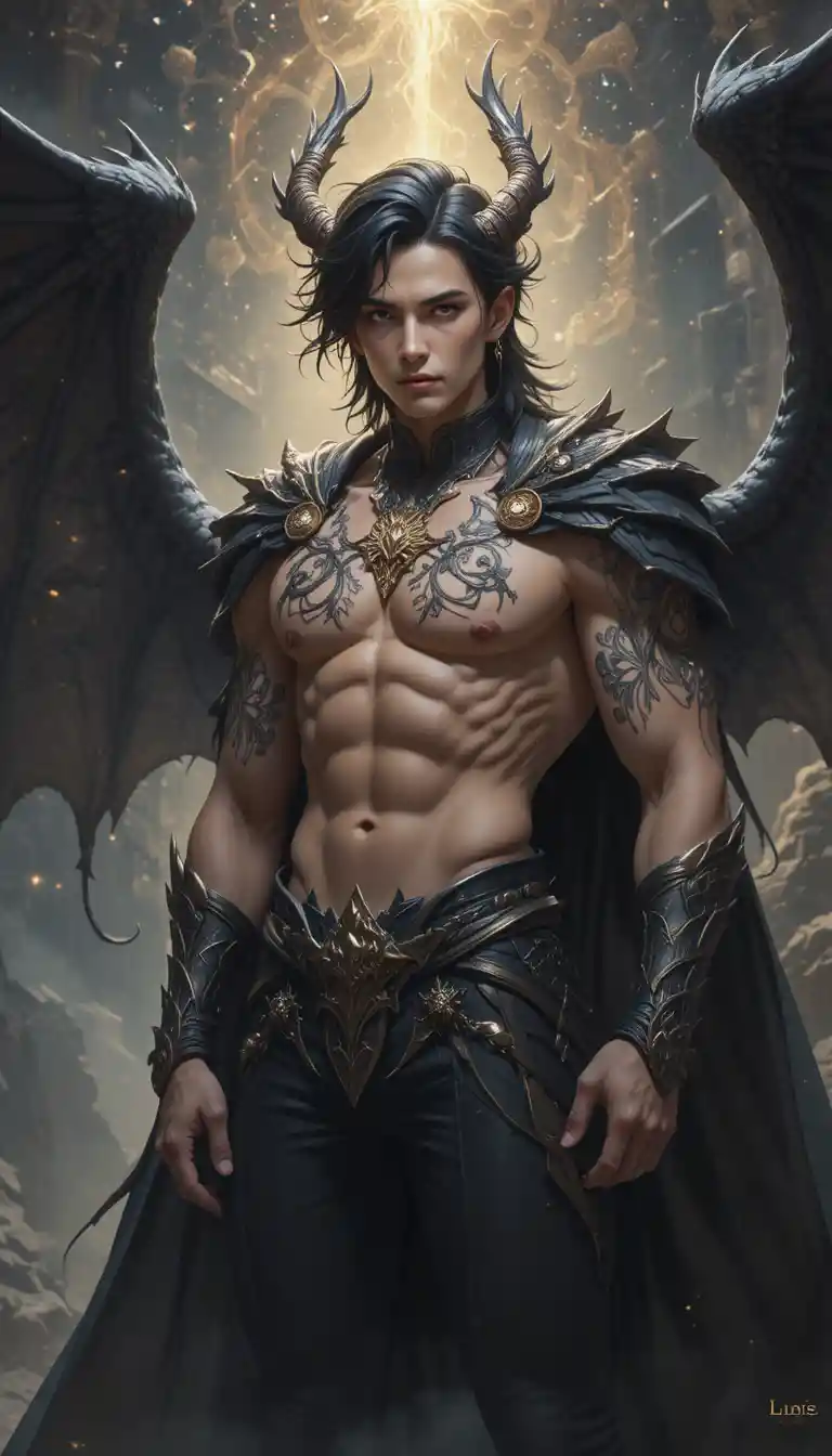 Dragon winged anime warrior with golden eyes and dark cape