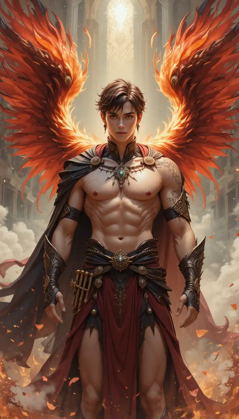 Fire phoenix warrior man with flaming wings in anime style