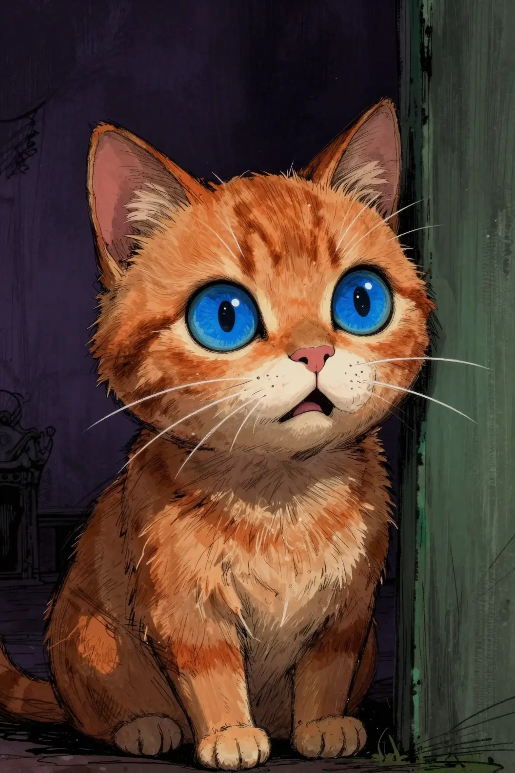 Paranoid orange tabby cat with huge blue eyes close up