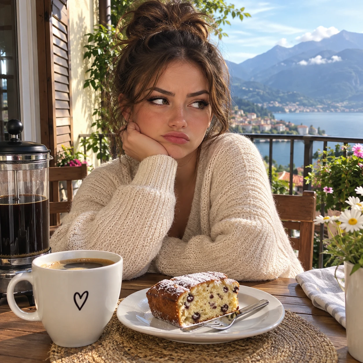 Unimpressed woman with morning coffee and cake by window