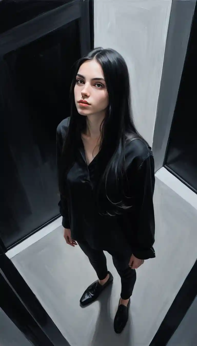 Vista dall’alto di una donna in abiti scuri che guarda verso l’alto