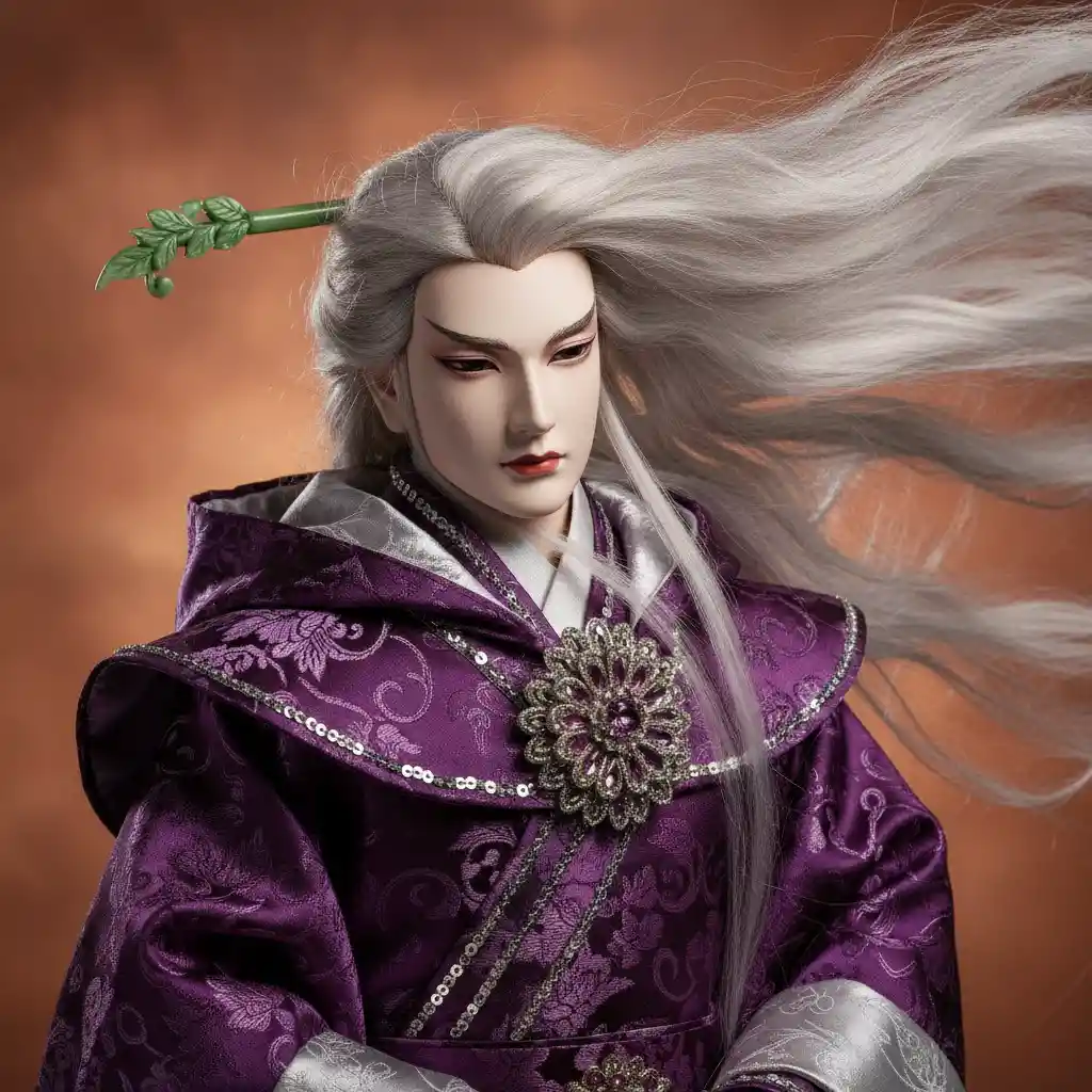 Close up of ornate puppet in purple immortal robe