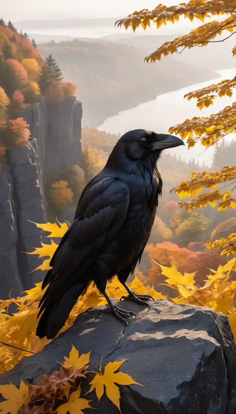 Raven close up on rocky cliff with golden maple leaves
