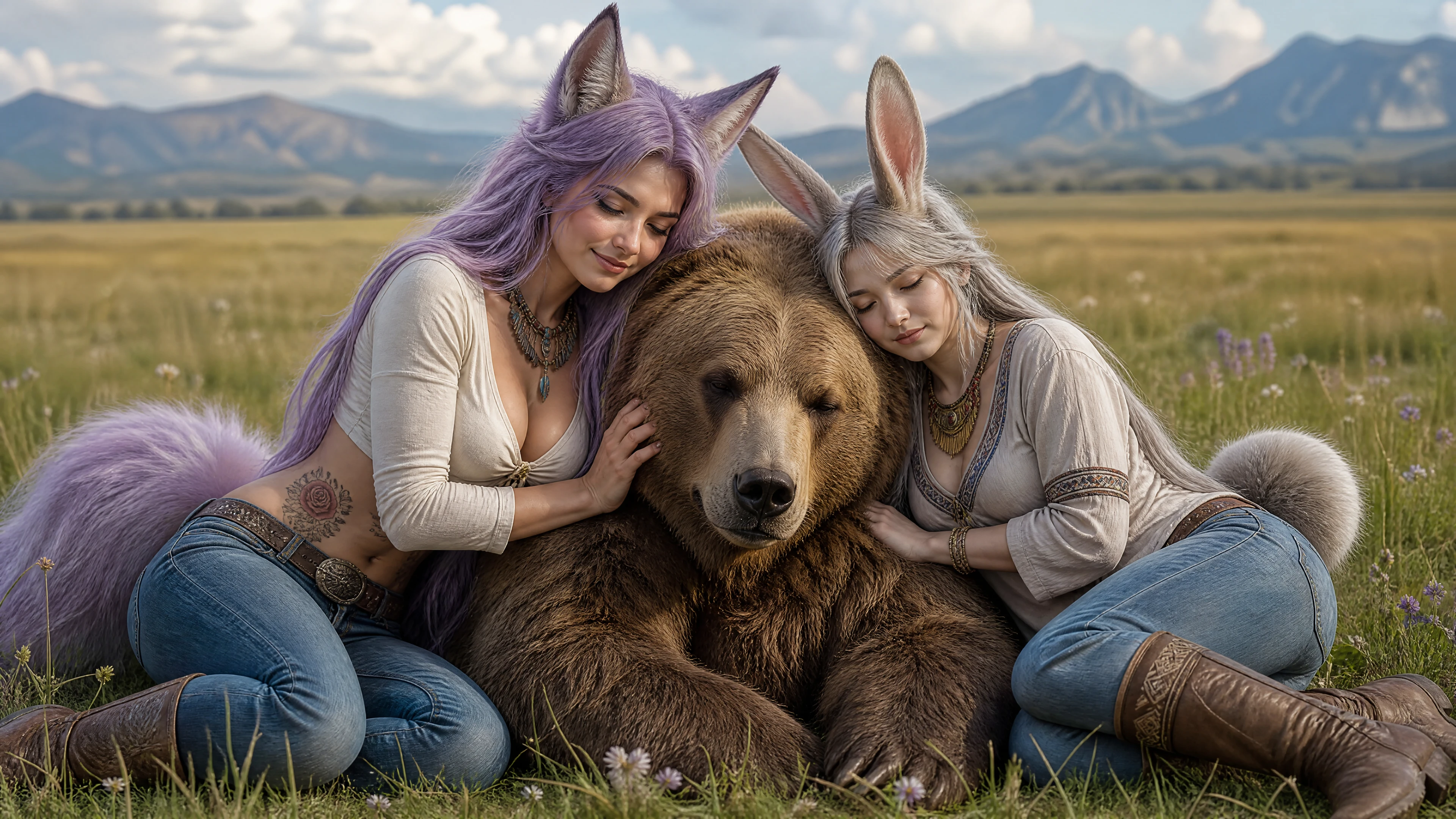 Two hybrid women cuddling a bear on open grassland