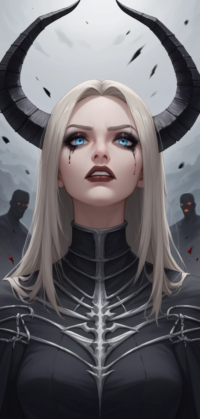 Horned platinum blonde woman with luminous blue eyes
