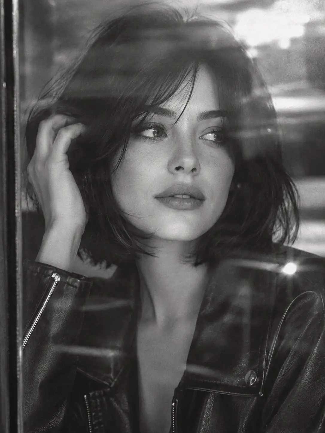 Black and white close up portrait of girl behind glass