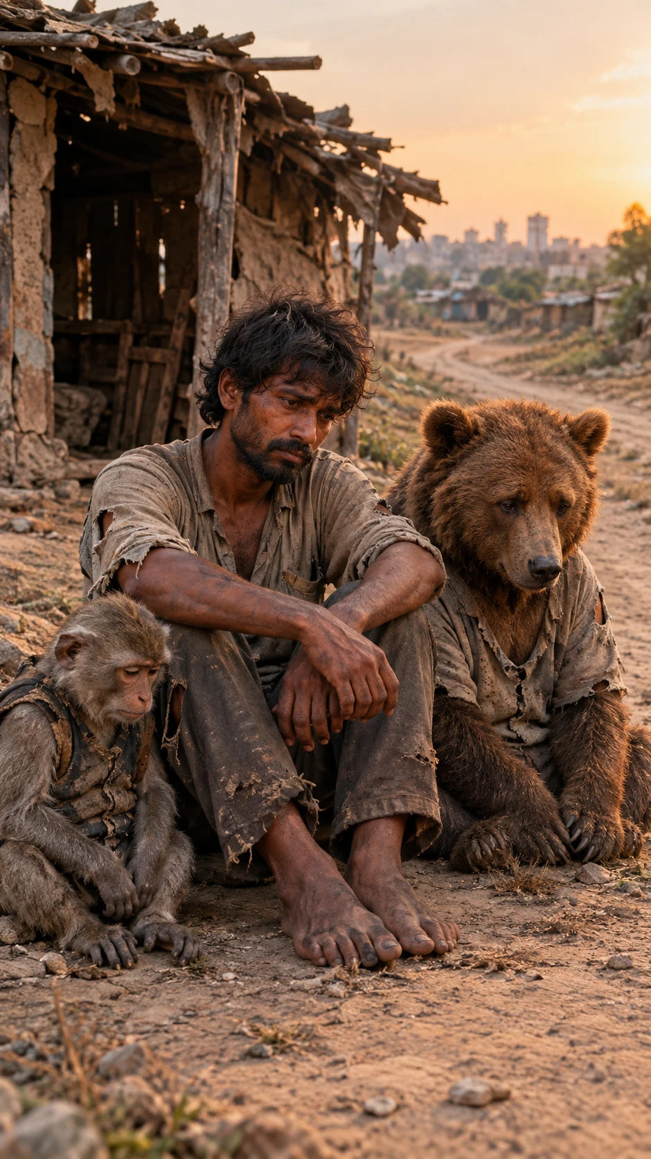 Poor man with monkey and bear outside broken village hut