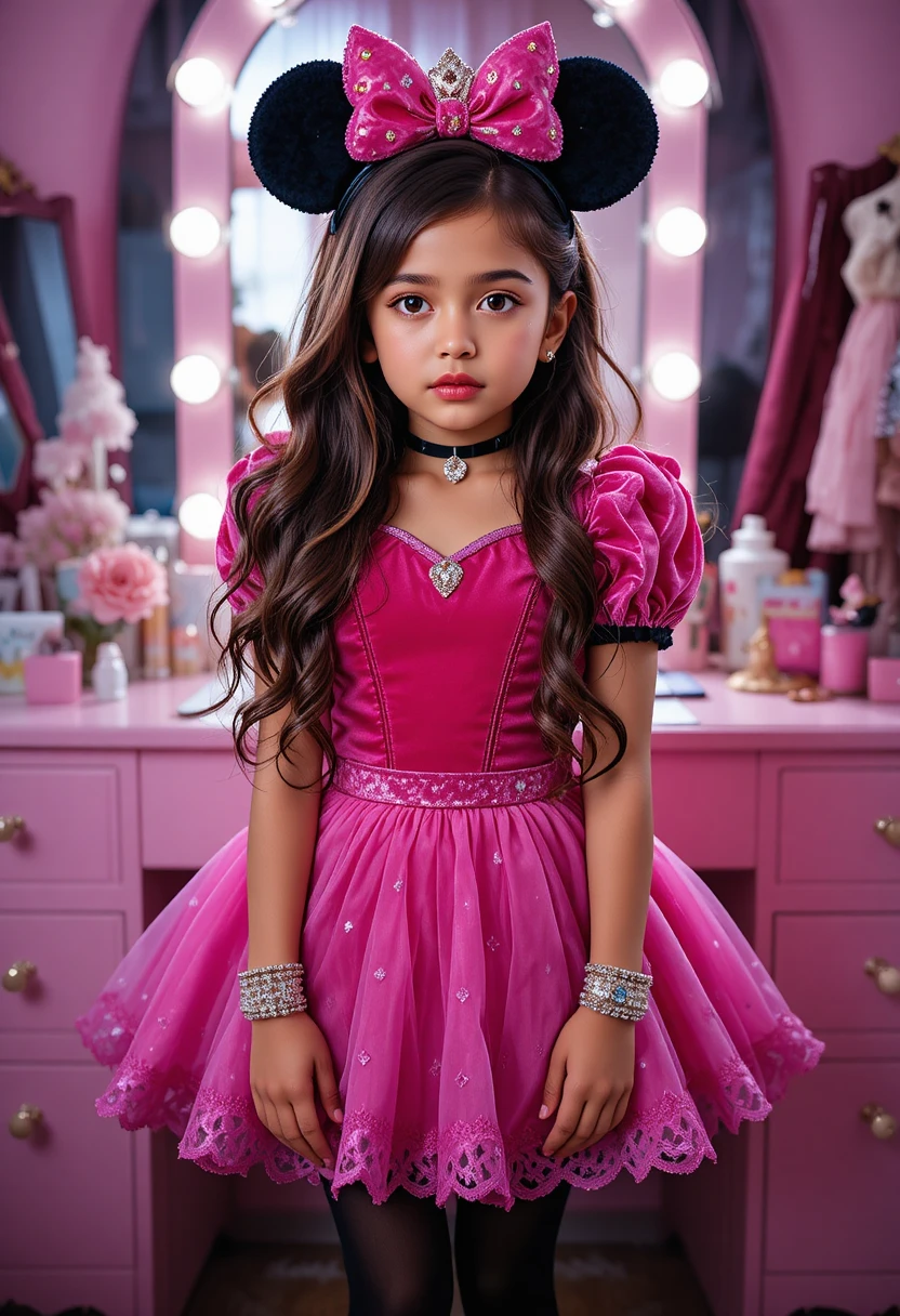 Garçon hispanique préadolescent en costume de princesse devant une coiffeuse rose