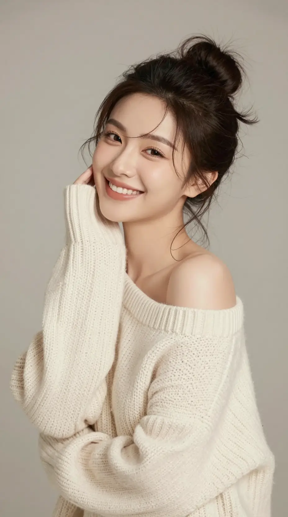 Joyful portrait of a woman in an off shoulder sweater