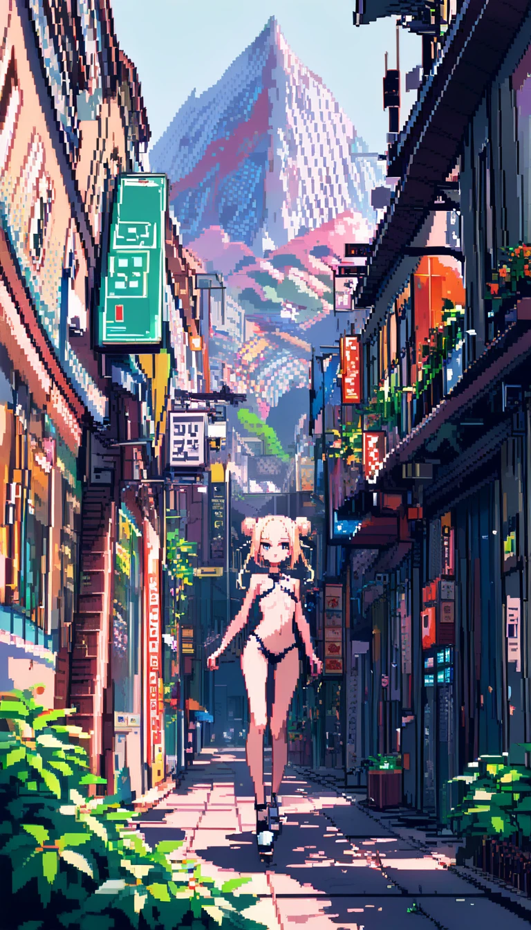 Linda chica de anime rubia en un balcón de una ciudad futurista