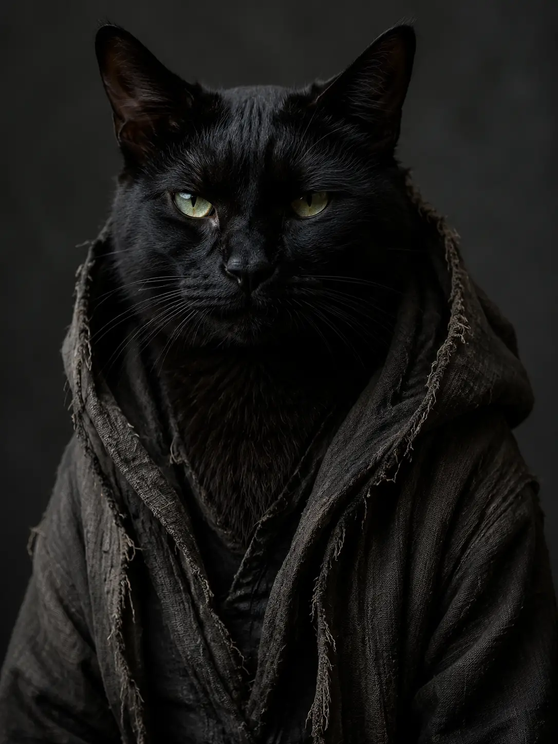 Cinematic portrait of a black cat in a linen hoodie