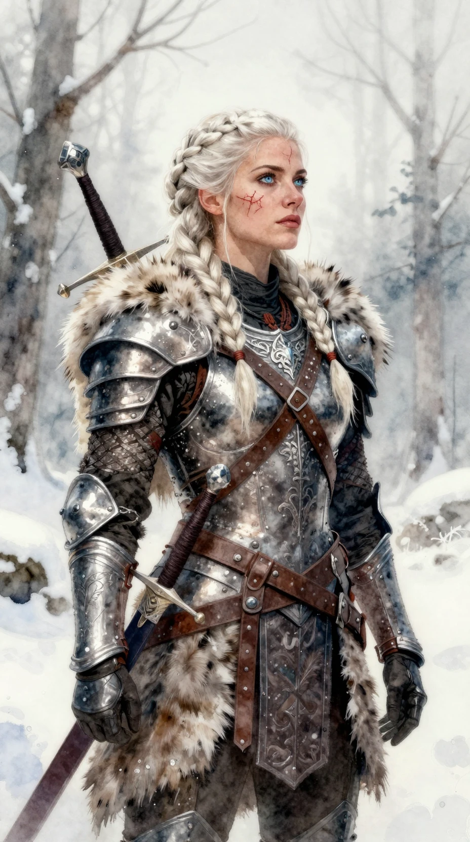 Scarred viking warrior woman in a quiet snowy forest