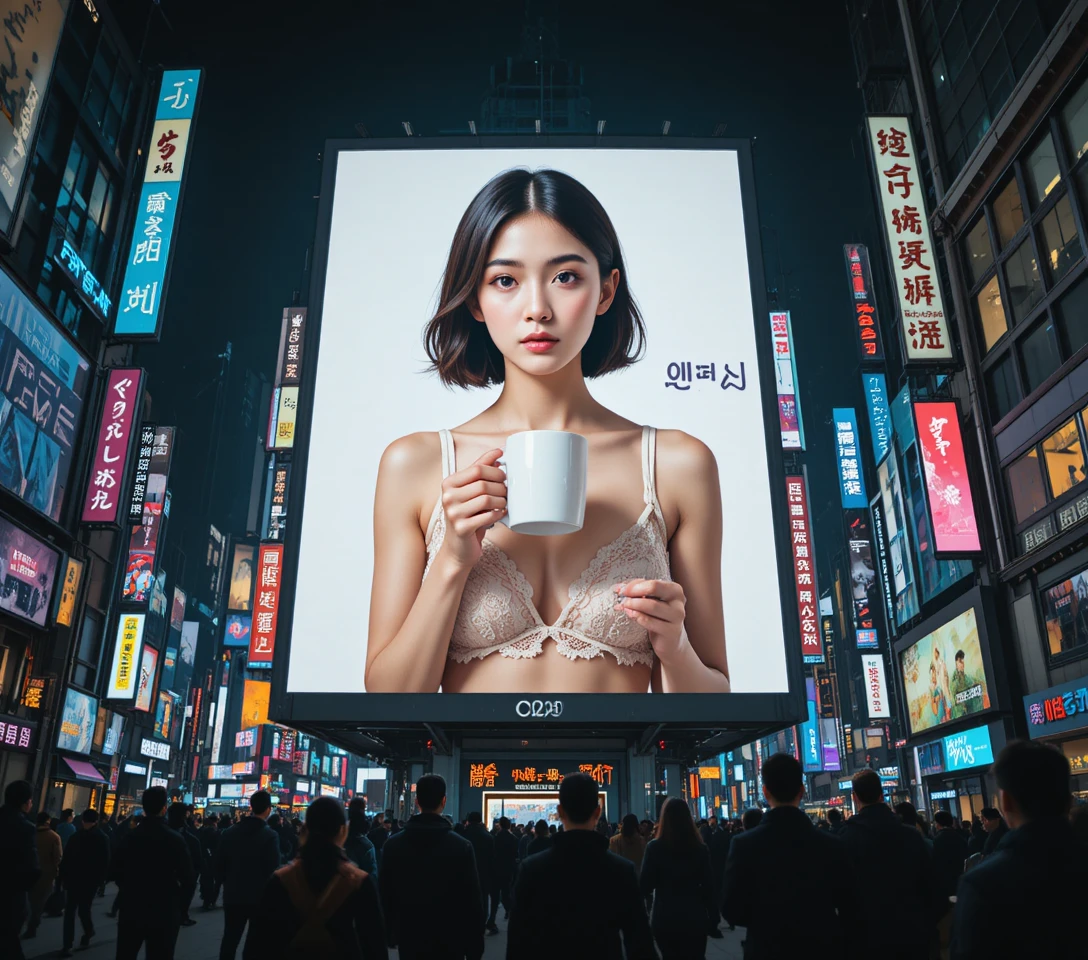 흰색 란제리를 입은 여성이 있는 빌보드와 네온 도시 인파
