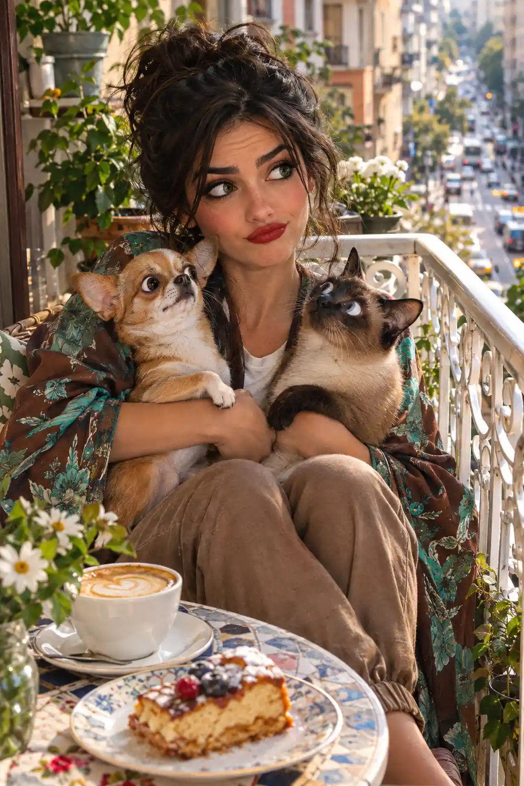 Frau auf dem Balkon, die einen Chihuahua und eine Siamkatze umarmt
