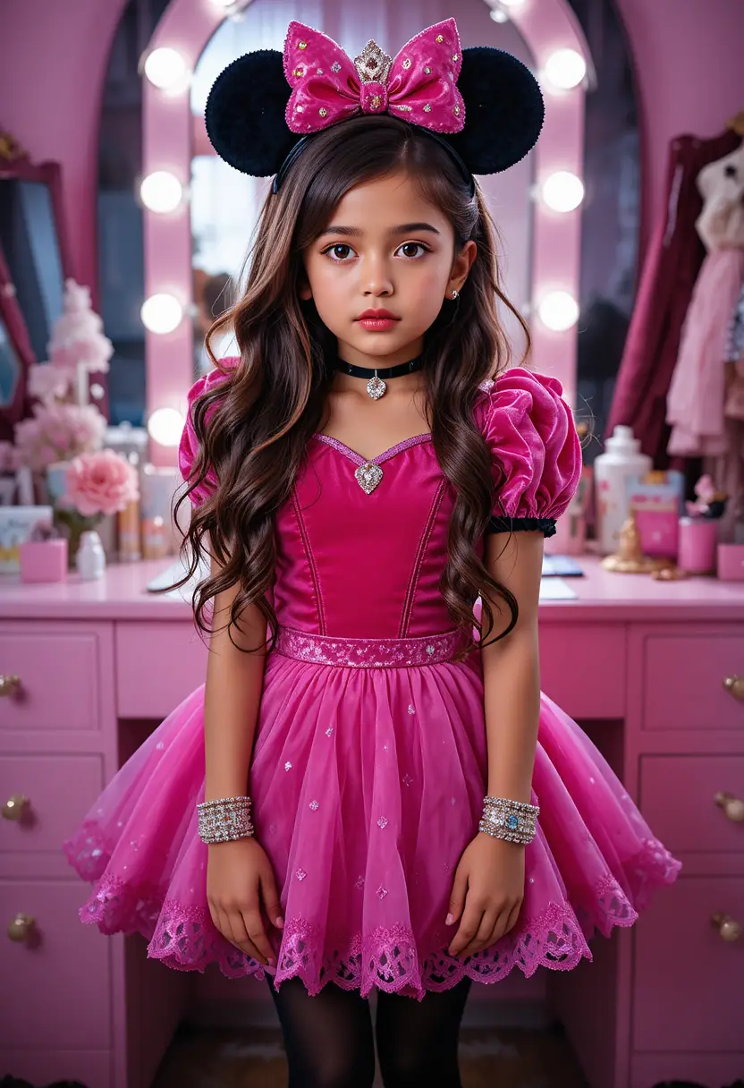Hispanic tween boy in princess costume at pink vanity