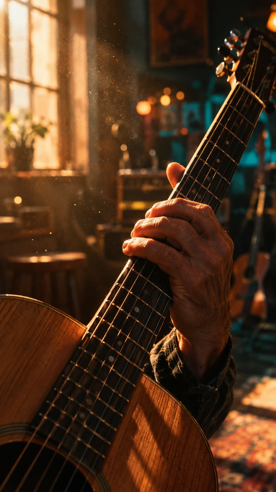 Weathered hands holding an acoustic guitar in warm sunlight