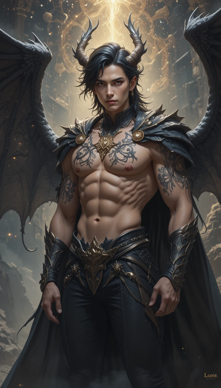 Dragon winged anime warrior with golden eyes and dark cape
