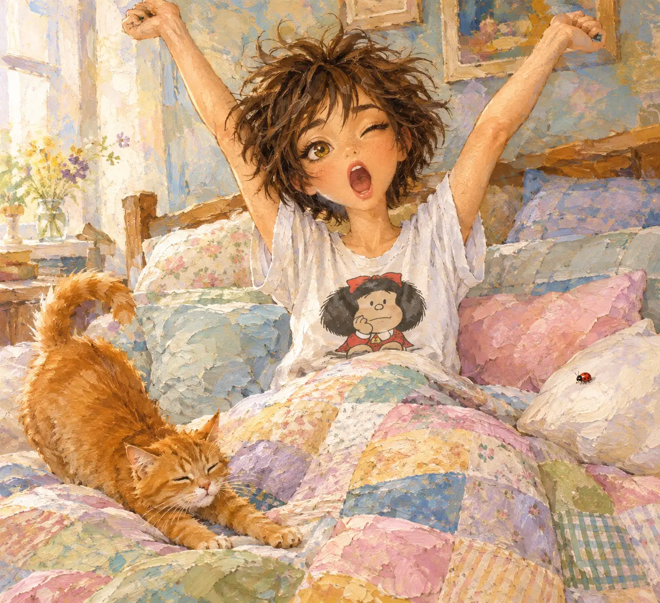 Fille endormie qui s’étire dans son lit avec un chat orange