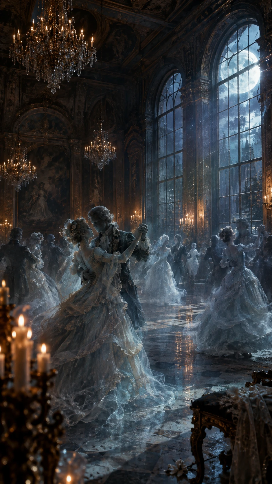 Bailarinos fantasmagóricos valsam em um salão de baile abandonado ao luar